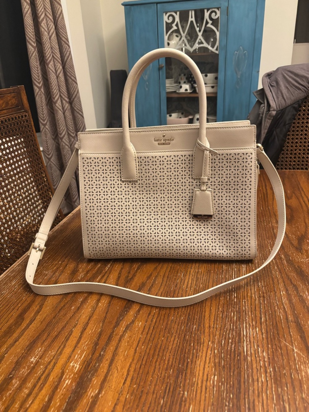 kate spade Cream Perforated Leather Satchel with Detachable Strap